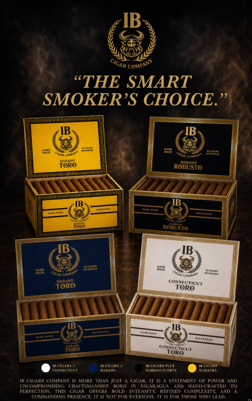 IB Cigars Company — four production lines: Connecticut, Habano, Habano Fuerte, and Sumatra. The Smart Smoker's Choice.