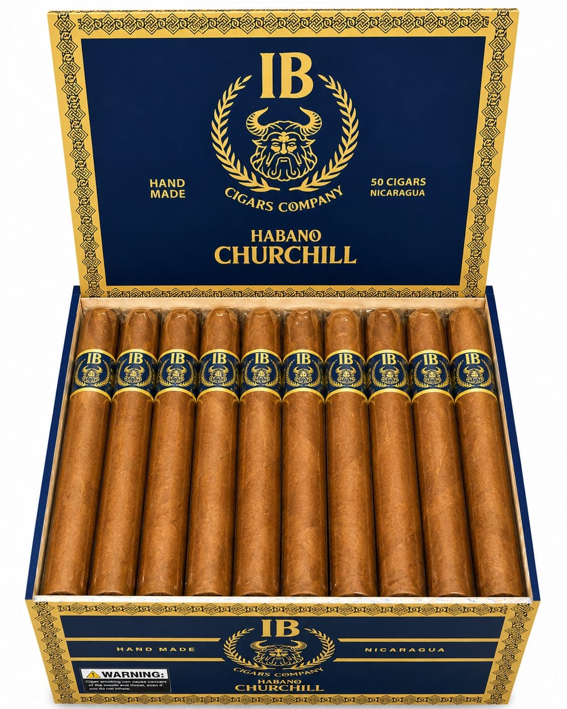 IB Cigars Habano Churchill — opened 50-count box revealing hand-rolled cigars